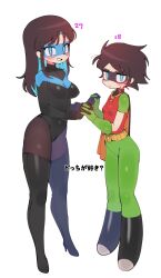 2girls aged_up batman_(series) batrobin_k blue_eyes boots breasts brown_hair dc_comics domino_mask dual_persona gloves green_gloves high_heel_boots high_heels highres long_hair mask medium_breasts multiple_girls nightwing robin_(batrobin_k) robin_(dc) short_hair simple_background small_breasts spandex superhero_costume white_background