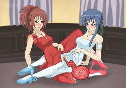 2girls aoi_nagisa arm_support blue_footwear blue_hair blue_necklace blush breasts clothed_sex clothes_lift couple cross-section dress dress_lift eye_contact female_fertilization fertilization flower green_ribbon hair_bun hair_ornament high_heels impregnation jewelry leaning_back long_hair looking_at_another medium_breasts multiple_girls necklace no_panties ovum pantyhose pussy_juice red_dress red_footwear red_hair red_necklace red_ribbon ribbon setrakian_draws shoes single_hair_bun strawberry_panic! suzumi_tamao torn_clothes torn_legwear tribadism u00e9toile uncensored white_dress yuri