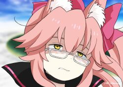 1girl animal_ear_fluff animal_ears black_bodysuit bodysuit bow exhausted fate/grand_order fate_(series) fox_ears fox_girl koyanskaya_(assassin)_(first_ascension)_(fate) koyanskaya_(fate) make_heroine_ga_oo_sugiru! meme pink_bow pink_hair scene_reference tamamo_(fate) umirunie white-framed_eyewear yellow_eyes