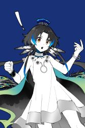 ! 1girl :o arknights bangle bare_shoulders blue_background blue_hair bracelet chinese_commentary commentary_request conviction_(arknights) cowboy_shot dress hair_intakes highres infection_monitor_(arknights) jewelry long_hair looking_at_viewer multicolored_hair open_mouth partial_commentary partially_colored piaoliu_ping_ping_ping_pingzi simple_background sleeveless sleeveless_dress solo standing streaked_hair yellow_eyes
