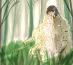 Rule 34 | 1boy, 1girl, black hair, blonde hair, breasts, brother and sister, closed eyes, clothed male nude female, collarbone, forest, grass, long hair, mintkim, nature, nienor, no nipples, nude, outdoors, siblings, the silmarillion, tolkien&#039;s legendarium, tree, turin, wavy hair