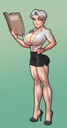 1girl 2022 ass black_skirt blouse breasts business_suit cleavage dress_shirt formal_clothes grey_eyes grey_hair hero_tales highres huge_ass huge_breasts legs lips lipstick makeup mature_female meghan_harkness miniskirt muscular muscular_female office_lady rabies-t-lagomorph red_lips secretary shirt skirt skirt_suit solo suit thick_lips thick_thighs thighs toned toned_female white_hair