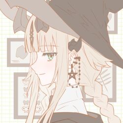1girl arknights black_hat black_horns blonde_hair blunt_bangs braid closed_mouth collared_shirt ear_chain ear_piercing earrings flat_color from_side green_eyes grid grid_background hat horns jewelry light_smile linked_piercing looking_at_viewer official_alternate_costume otiyo pentagram pentagram_earrings picture_frame piercing portrait profile reed_(arknights) reed_the_flame_shadow_(arknights) reed_the_flame_shadow_(curator)_(arknights) shirt sideways_glance solo star_(symbol) star_earrings white_shirt witch_hat