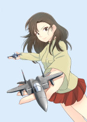 1girl absurdres aircraft airplane blue_background brown_eyes brown_hair chi-hatan_school_uniform f-15 f-15_eagle female_focus fighter_jet girls_und_panzer hair_between_eyes highres long_hair looking_at_viewer military military_vehicle mitsubishi_f-2 nishi_kinuyo oze_(xyz_go_go11) school_uniform solo