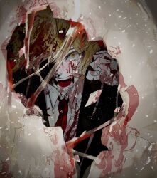 1boy b_apdg bad_id bad_twitter_id black_coat blonde_hair blood blood_in_hair blood_on_clothes blood_on_face close-up coat collared_shirt constricted_pupils covered_face crying crying_with_eyes_open egg eggshell fangs hatching highres inactive_account korean_commentary light_particles limbus_company male_focus necktie open_mouth pain project_moon red_necktie shirt sinclair_(project_moon) slime_(substance) tears white_shirt yellow_eyes