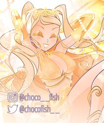 Rule 34 | 1girl, ^ ^, armpits, arms behind back, bad id, bad twitter id, bare shoulders, barefoot sandals (jewelry), blonde hair, breasts, center opening, chocofish, closed eyes, colored eyelashes, commentary, crop top, elbow gloves, enchantix, english commentary, eyeshadow, fairy, fairy wings, feet out of frame, gloves, gold tiara, grin, highres, instagram username, jewelry, light blush, light particles, lipstick, long hair, magical girl, makeup, medium breasts, midriff, miniskirt, necklace, orange shirt, pleated skirt, shirt, skirt, sleeveless, sleeveless shirt, smile, solo, sparkle, star (symbol), star necklace, stella (winx club), twitter username, two side up, very long hair, watermark, wavy hair, wings, winx club, yellow background, yellow eyeshadow, yellow gloves, yellow lips, yellow skirt, yellow theme, yellow wings