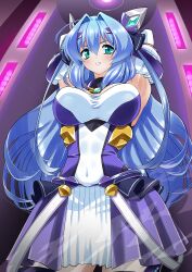 1girl absurdres aqua_eyes armpits arms_behind_head arms_up blue_hair blush bound breasts clenched_teeth covered_navel cowboy_shot dress elbow_gloves exs-tia exs-tia_(kouyoku_senki_exs-tia_3) gloves green_eyes hair_between_eyes hair_intakes headgear highres katsuragi_marina kouyoku_senki_exs-tia large_breasts long_hair looking_at_viewer restrained ryuney solo teeth thighhighs very_long_hair white_dress
