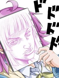 1girl ahoge araki_hirohiko_(style) blunt_ends commentary_request drawing_(object) highres holding holding_drawing holding_sketchbook kishimen_hair long_sleeves love_live! love_live!_nijigasaki_high_school_idol_club majunia medium_hair nail_polish neck_ribbon nijigasaki_school_uniform pink_hair pink_nails portrait ribbon rina-chan_board school_uniform simple_background sketchbook solo sound_effects tennoji_rina white_background yellow_ribbon