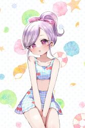 1girl :o between_legs bikini bikini_skirt blue_bikini blush bow collarbone cowboy_shot hair_bow hand_between_legs head_tilt high_ponytail kimi_no_koto_ga_dai_dai_dai_dai_daisuki_na_100-nin_no_kanojo looking_at_viewer momi_momiji official_alternate_costume open_mouth outline parted_bangs patterned_clothing pink_bow pink_eyes ponytail purple_hair shell shell_print sidelocks solo swimsuit tankini white_background white_outline yumenobetsu