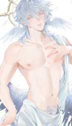 1boy alicevseliet artist_name bishounen blue_hair collarbone cowboy_shot earrings feathered_wings fingernails halo halo_behind_head hand_on_own_chest head_wings highres honkai:_star_rail honkai_(series) jewelry looking_to_the_side low_wings male_focus medium_hair mole mole_under_mouth multiple_moles navel nipple_piercing nipples pectorals piercing simple_background single_nipple_piercing solo sunday_(honkai:_star_rail) teeth toned toned_male topless_male white_background wing_piercing wings yellow_eyes