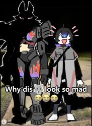 Rule 34 | 2boys, black hair, black shorts, closed eyes, coat, digimon, digimon (creature), digimon liberator, digua92537359, full body, grey coat, highres, meme, multiple boys, nagasumi eiji, photo background, red eyes, shaded face, short hair, shorts, soloogarmon, why dis ninja look so mad (meme), wolf