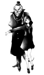 1boy 1girl coat commentary_request full_body greyscale haruhito_(divineshalt) hat highres looking_at_viewer monochrome original outstretched_arm owl_boy school_uniform serafuku short_hair simple_background skirt smile