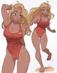 1girl absurdres ahoge arm_behind_head arm_up armpits barefoot bouncing_breasts breasts cleavage commentary dark-skinned_female dark_skin dashi_(dashiart) english_commentary gluteal_fold groin hand_in_own_hair highleg highleg_one-piece_swimsuit highres lifeguard_(lilo_&amp;_stitch) lilo_&amp;_stitch long_hair looking_at_viewer looking_to_the_side motion_lines multiple_views one-piece_swimsuit red_one-piece_swimsuit standing standing_on_one_leg swimsuit tan tanline thighs