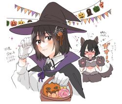 2girls animal_costume animal_ears animal_hands black_hair brown_eyes candy collared_shirt dress_shirt dual_persona food gloves haguro_(kancolle) hair_ornament hairclip halloween_bucket hat highres jack-o&#039;-lantern kantai_collection lollipop matsuda_(2139845) multiple_girls paw_gloves shirt short_hair string_of_flags tail translation_request upper_body white_gloves white_shirt witch_hat wolf_costume wolf_ears wolf_tail