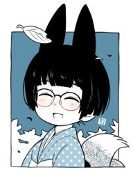 Rule 34 | 1girl, animal ears, black hair, blue background, blue kimono, bob cut, border, closed mouth, facing viewer, fox ears, fox girl, fox tail, glasses, japanese clothes, kimono, kukuri (mawaru), leaf, mawaru (mawaru), multiple tails, original, polka dot, polka dot kimono, short hair, solo, tail, white border