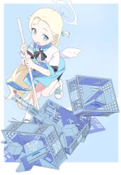 1girl absurdres apron blonde_hair blue_archive blue_eyes box box_of_chocolates carton cellphone crate flip_phone gun hair_ribbon halo highres holding jiryu50610218 off_shoulder phone ribbon shirt shoes short_sleeves socks solo sora_(blue_archive) sweat two_side_up weapon white_shoes white_socks white_wings wings