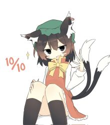 1girl :d animal_ears black_eyes blush_stickers bow bowtie brown_hair cat_ears cat_tail chen convenient_leg double-parted_bangs dress fang feet_out_of_frame fingernails hair_between_eyes hand_up hat highres knees_together_feet_apart long_fingernails mob_cap multiple_tails nail_polish nekomata open_mouth red_dress red_nails ro_74 sharp_fingernails sitting skin_fang smile solo tail touhou two_tails white_bow white_bowtie