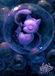 1other acrylic_paint_(medium) alternate_color animal_ears animal_focus artist_logo blue_eyes bubble cat_ears colored_skin floating gen_1_pokemon half-closed_eyes highres legendary_pokemon logo long_tail mew_(pokemon) mythical_pokemon nintendo no_humans painting_(medium) pokemon pokemon_(creature) pokemon_focus purple_skin shiny_pokemon tail traditional_media wafalo