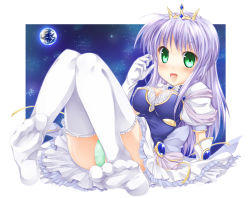 1girl bad_anatomy bad_feet crown earth_(planet) elbow_gloves feena_fam_earthlight female_focus fujimoto_akio gloves green_eyes highres light_purple_hair long_hair panties pantyshot planet poorly_drawn princess solo thighhighs underwear yoake_mae_yori_ruri_iro_na