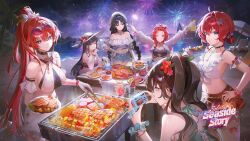 6+girls aerial_fireworks alternate_costume aqua_eyes baizhi_(wuthering_waves) bangs_pinned_back bare_shoulders beach black_eyes black_hair braid breasts brown_hair camera chixia_(wuthering_waves) chyoel circle_facial_mark closed_mouth commentary cooking criss-cross_halter cup danjin_(wuthering_waves) denim denim_shorts drinking_glass english_commentary eyewear_on_head fireworks flower food glasses grill grilling grin hair_between_eyes hair_flower hair_ornament halterneck hand_on_own_hip hat highres holding holding_camera holding_cup large_breasts lemonade long_hair looking_at_viewer low_twin_braids mark_under_both_eyes multiple_girls night night_sky off-shoulder_shirt off_shoulder official_art one_eye_closed outdoors parted_bangs ponytail purple_eyes red_eyes red_flower red_hair red_skirt second-party_source shirt short_hair shorts skirt sky smile steak sunglasses taking_picture thighs twin_braids twintails very_long_hair white_hat white_shirt white_skirt wuthering_waves yangyang_(wuthering_waves) yinlin_(wuthering_waves) zhezhi_(wuthering_waves)