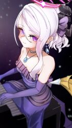 Rule 34 | 1girl, aaa0aaasu, absurdres, blue archive, blush, breasts, demon girl, demon horns, demon wings, dress, earrings, elbow gloves, gloves, grand piano, highres, hina (blue archive), hina (dress) (blue archive), horns, instrument, jewelry, long hair, looking at viewer, music, necklace, pendant, piano, playing instrument, playing piano, purple dress, purple eyes, purple gloves, sitting, small breasts, white hair, wings