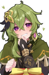 Rule 34 | 1girl, blush, box, bridal gauntlets, capelet, collei (genshin impact), crossed bangs, genshin impact, gift, gift box, green capelet, green hair, grin, head tilt, heart, izumi no yasushi aya, long hair, long sleeves, looking at viewer, purple eyes, signature, simple background, smile, solo, upper body, white background