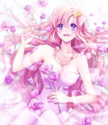 1girl bare_shoulders blush breasts cleavage collarbone dress flower gundam gundam_seed hair_between_eyes highres holding holding_flower jewelry kana_(krlc05180205) lacus_clyne long_hair lying medium_breasts necklace on_back open_mouth petals pink_hair purple_dress purple_eyes purple_flower smile solo strapless strapless_dress very_long_hair