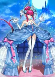 1girl asymmetrical_horns bare_shoulders blue_background blue_dress blue_eyes blue_horns blue_panties blue_shoes blue_skin bow bow_choker bow_legwear bow_skirt breasts castle choker colored_extremities colored_skin crinoline detached_sleeves dress dress_bow earrings elizabeth_bathory_(cinderella)_(fate) elizabeth_bathory_(fate) fate/grand_order fate_(series) finger_cots fingerless_gloves forked_tail frilled_sleeves frills full_body full_moon game_cg gloves hair_bun hands_up head_tilt high_heels hoop_skirt horns jewelry long_dress long_sidelocks long_sleeves moon official_art outstretched_arms panties pink_bow pink_hair pointy_ears pumps shoes short_hair_with_long_locks showgirl_skirt sideboob sidelocks single_hair_bun skirt sleeveless sleeveless_dress small_breasts solo sparkle spiked_shoes spikes standing stiletto_heels strapless strapless_dress tail thighhighs third-party_source tiara underwear uneven_horns wada_arco white_choker white_gloves white_sleeves white_thighhighs