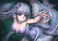 1girl absurdres air_bubble bare_shoulders blue_eyes blue_hair breasts bubble closed_mouth collarbone commentary english_commentary expressionless floating_hair highres hold111 idolmaster idolmaster_million_live! idolmaster_million_live!_theater_days long_hair looking_at_viewer low-tied_long_hair mermaid monster_girl monsterification outstretched_arm scales shiraishi_tsumugi solo tail underwater webbed_hands