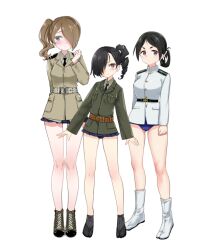 3girls artist_request belt black_hair black_panties blue_one-piece_swimsuit boots brown_hair full_body green_jacket hair_over_one_eye jacket long_hair looking_at_viewer military military_uniform multiple_girls necktie no_pants one-piece_swimsuit original panties shoes standing swimsuit swimsuit_under_clothes underwear white_background white_jacket world_witches_series