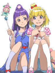 Rule 34 | 3girls, akinbo (hyouka fuyou), asahina mirai, bad id, bad pixiv id, blonde hair, ha-chan (mahou girls precure!), izayoi liko, kneehighs, long hair, mahou girls precure!, mofurun (mahou girls precure!), multiple girls, panties, precure, purple eyes, purple hair, red eyes, riko (mahou girls precure!), short hair, simple background, sitting, smile, socks, underwear, wand, white background, white panties, white socks