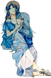 2girls bang_dream! bang_dream!_it&#039;s_mygo!!!!! barefoot black_shoes blue_dress blue_eyes brown_hair chinese_commentary commentary_request dress e-fa-dorn finger_to_another&#039;s_mouth green_hair hand_on_another&#039;s_face highres kneeling long_hair mary_janes multiple_girls nagasaki_soyo parted_lips shirt shoes simple_background sitting wakaba_mutsumi white_background white_dress white_shirt yellow_eyes yuri