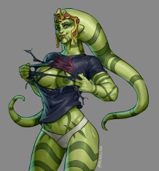 1girl alien black_shirt blanclauz breasts colored_nipples colored_skin green_eyes green_nipples green_skin grey_background large_breasts lip_piercing looking_at_viewer midriff nipples nose_piercing nose_ring panties piercing saleen_jarvik_(ivynotorious) shirt short_sleeves simple_background solo star_wars star_wars:_the_old_republic torn_clothes torn_shirt twi&#039;lek underwear white_panties