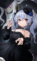 1girl 1other blue_hair cygames doll_joints dress frilled_dress frills hair_ribbon hat jamir joints lloyd_(granblue_fantasy) long_hair off-shoulder_dress off_shoulder orchis pink_eyes ribbon sidelocks