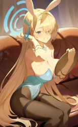 1girl absurdres animal_ear_hairband animal_ears asuna_(blue_archive) asuna_(bunny)_(blue_archive) bare_shoulders black_pantyhose blonde_hair blue_archive blue_eyes blue_leotard blue_ribbon blush breasts cleavage couch fake_animal_ears gloves grin hair_over_one_eye hairband hand_in_own_hair highleg highleg_leotard highres holding holding_tray large_breasts leotard long_hair looking_at_viewer official_alternate_costume on_couch pantyhose rabbit_ear_hairband rabbit_ears ribbon sidelocks sitting smile solo strapless strapless_leotard szai tray white_gloves