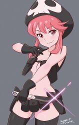 Rule 34 | 1girl, :3, absurdres, artist name, bare shoulders, belt, belt pouch, beret, black belt, black gloves, black hat, black thighhighs, breasts, cleavage, closed mouth, commentary, cowboy shot, dated, eyeshadow, film grain, gloves, grey background, hair between eyes, hair up, hand up, harness, hat, highres, holding, holding knife, holding weapon, jakuzure nonon, kill la kill, knife, looking at viewer, makeup, navel, nudist beach uniform, pink eyeshadow, pink hair, pouch, revealing clothes, reverse grip, sidelocks, signature, skull print, small breasts, smile, smirk, solo, sparkle, standing, symbol-only commentary, thick eyebrows, thighhighs, tsunemoku, underboob, weapon