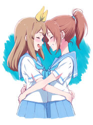 2girls aqua_neckerchief blonde_hair blue_neckerchief blue_sailor_collar blue_skirt blush bow brown_hair closed_eyes hair_ribbon hibike!_euphonium highres hug kitauji_high_school_uniform kotomozou liz_to_aoi_tori long_hair multiple_girls nakagawa_natsuki neckerchief open_mouth ponytail ribbon sailor_collar school_uniform serafuku shirt short_sleeves skirt smile white_shirt yellow_ribbon yoshikawa_yuuko yuri