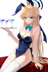 Rule 34 | 1girl, absurdres, bare shoulders, blonde hair, blue archive, blue bow, blue bowtie, blue eyes, blue leotard, blush, bow, bowtie, breasts, chiya (inae129), cleavage, collarbone, covered navel, detached collar, halo, highres, holding, holding tray, leotard, long hair, looking at viewer, medium breasts, playboy bunny, sitting, sitting on table, skin tight, skindentation, smile, solo, thighhighs, toki (blue archive), toki (bunny) (blue archive), tray, very long hair, white background, white thighhighs, wrist cuffs