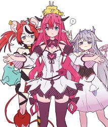 3girls animal_ears black_hair blue_eyes breasts cleavage collar detached_sleeves dress grey_hair hakos_baelz hakos_baelz_(1st_costume) halo heterochromia hololive hololive_english horns irys_(hololive) irys_(irys_2.0)_(hololive) jewel_under_eye koseki_bijou koseki_bijou_(1st_costume) long_hair mouse_ears mouse_girl mouse_tail multicolored_hair multiple_girls pointy_ears purple_eyes purple_hair ramphastostella red_hair spiked_collar spikes streaked_hair tail thighhighs twintails very_long_hair virtual_youtuber white_background white_dress white_hair