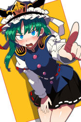 1girl asymmetrical_hair black_skirt blue_eyes blue_hat blue_vest blush bollzzalguy bow buttons cowboy_shot epaulettes green_hair hashtag-only_commentary hat highres long_hair long_sleeves looking_at_viewer mob_cap pointing pointing_at_viewer ribbon-trimmed_skirt ribbon_trim shiki_eiki skirt solo touhou v-shaped_eyebrows vest white_bow