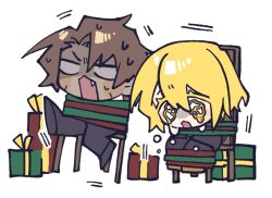1boy 1girl angry black_pants black_shoes blonde_hair bound box brown_hair chair chibi crying dark_skin don_quixote_(project_moon) gift gift_box heathcliff_(project_moon) limbus_company motion_lines nantekottawo!! pants project_moon shoes tears tied_up_(nonsexual) yellow_eyes