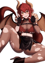 1girl absurdres black_gloves black_nails black_shoes blonde_hair breasts chest_belt dragon_girl dragon_horns dragon_tail dragon_wings fingerless_gloves gloves high_heels highres horns indie_virtual_youtuber large_breasts looking_at_viewer meibin nail_polish open_mouth pantyhose red_hair red_shirt shirt shoes short_hair sidelocks smile solo tail torn_clothes torn_pantyhose virtual_youtuber wings zentreya zentreya_(dragon) zentreya_(dragon)_(1st_costume)