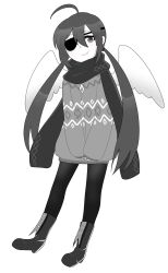 Rule 34 | 1girl, ahoge, alela grora (funamusea), angel, angel girl, angel wings, black scarf, black thighhighs, boots, closed mouth, coat, colored skin, eyepatch, full body, funamusea, gallaxi, grey boots, grey coat, grey eyes, grey hair, grey lips, haiiro teien, hair between eyes, highres, light blush, long hair, looking at viewer, low twintails, scarf, smile, solo, thighhighs, transparent background, twintails, very long hair, white skin, wings, zipper