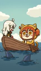 2girls animal animal_costume animal_nose animal_print black_jacket blue_sky blush_stickers boat chinese_zodiac cloud commentary eye_contact fate/grand_order fate_(series) fujimaru_ritsuka_(female) hair_through_hood holding holding_oar jacket life_of_pi long_hair looking_at_another medium_hair multiple_girls oar ocean official_art olga_marie_animusphere on_boat one_side_up open_mouth orange_eyes orange_hair orange_pantyhose outdoors pantyhose parody riyo_(lyomsnpmp) rowboat rowing scared shark sidelocks skirt sky small_sweatdrop third-party_source tiger_costume tiger_print watercraft white_hair white_skirt year_of_the_tiger |_|