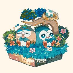 alternate_color bird bush closed_eyes closed_mouth commentary_request creatures_(company) egg flower game_freak gen_7_pokemon grass leaf nest nintendo no_humans owl pink_flower plant_roots pokedex_number pokemon pokemon_(creature) rowlet shino_(shinoru_p) shiny_and_normal shiny_pokemon sitting talons