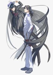 Rule 34 | 1boy, 1girl, black hair, black skirt, fate (series), floating, full body, grey eyes, grey footwear, hands in pockets, headwear switch, highres, holstered, jacket, katana, koha-ace, long hair, long skirt, long sleeves, looking at another, noz 2to, oryou (fate), pants, pink eyes, ponytail, sakamoto ryouma (fate), scarf, school uniform, serafuku, sheath, sheathed, simple background, skirt, smile, sword, very long hair, weapon, white background, white headwear, white jacket, white pants