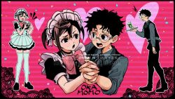 &gt;_&lt; 1boy 1girl apron ayase_momo black_choker black_dress black_pants black_shoes black_vest blush bow bowtie brown_hair choker closed_eyes collared_shirt commentary_request dandadan dress frilled_apron frilled_hairband frills full_body glasses grey_shirt haikai_ni hair_between_eyes hairband heart heart_hands holding holding_hands holding_plate interlocked_fingers looking_at_another maid maid_apron maid_headdress open_mouth pants plate puffy_short_sleeves puffy_sleeves red_bow red_bowtie round_eyewear shirt shoes short_hair short_sleeves standing sweat sweatdrop takakura_ken_(dandadan) thighhighs twintails upper_body vest white_apron white_hairband white_thighhighs zettai_ryouiki