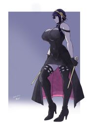 1girl bare_shoulders black_dress black_hair breasts cleavage dagger dress earrings flower gloves gold_earrings gold_hairband hair_ornament hairband highres holding holding_dagger holding_knife holding_weapon jewelry knife large_breasts long_hair mich_kj red_eyes sidelocks solo spy_x_family stiletto_(weapon) two-sided_dress two-sided_fabric weapon yor_briar