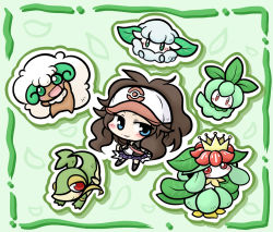10s 1girl :d baseball_cap blue_eyes blush brown_hair chibi cottonee creature creatures_(company) flower game_freak gen_5_pokemon grass green_eyes green_theme grin hat hilda_(pokemon) lilligant long_hair nintendo open_mouth petilil plant pokemon pokemon_(creature) pokemon_bw ponytail red_eyes smile snivy teeth whimsicott yanagi_(nurikoboshi)
