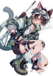 Rule 34 | 1boy, absurdres, animal ear piercing, animal ears, bandaid, bandaid on knee, bandaid on leg, black gloves, blush, boots, brown hair, cat boy, cat ears, cat tail, commentary, food, food in mouth, full body, gloves, green boots, green eyes, green jacket, gun, highres, jacket, knife, lace-up boots, long sleeves, looking at viewer, male focus, original, popsicle, popsicle in mouth, short hair, simple background, socks, squatting, suzaku (zaku6584), tail, thigh strap, twitter username, weapon, white background, white socks